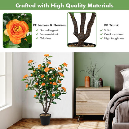 3.3 FT Artificial Camellia Tree, Faux Camellia Plant in Pot with 37 Flowers, Natural Trunk, Rain Flower Pebbles, Greenery Decorative Camellia Tree for Home, Shop & Office, Orange