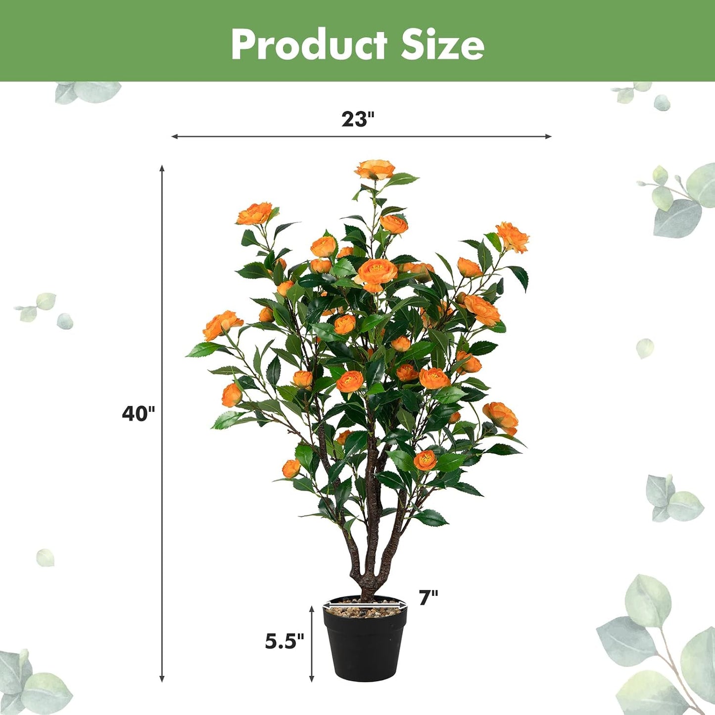 3.3 FT Artificial Camellia Tree, Faux Camellia Plant in Pot with 37 Flowers, Natural Trunk, Rain Flower Pebbles, Greenery Decorative Camellia Tree for Home, Shop & Office, Orange