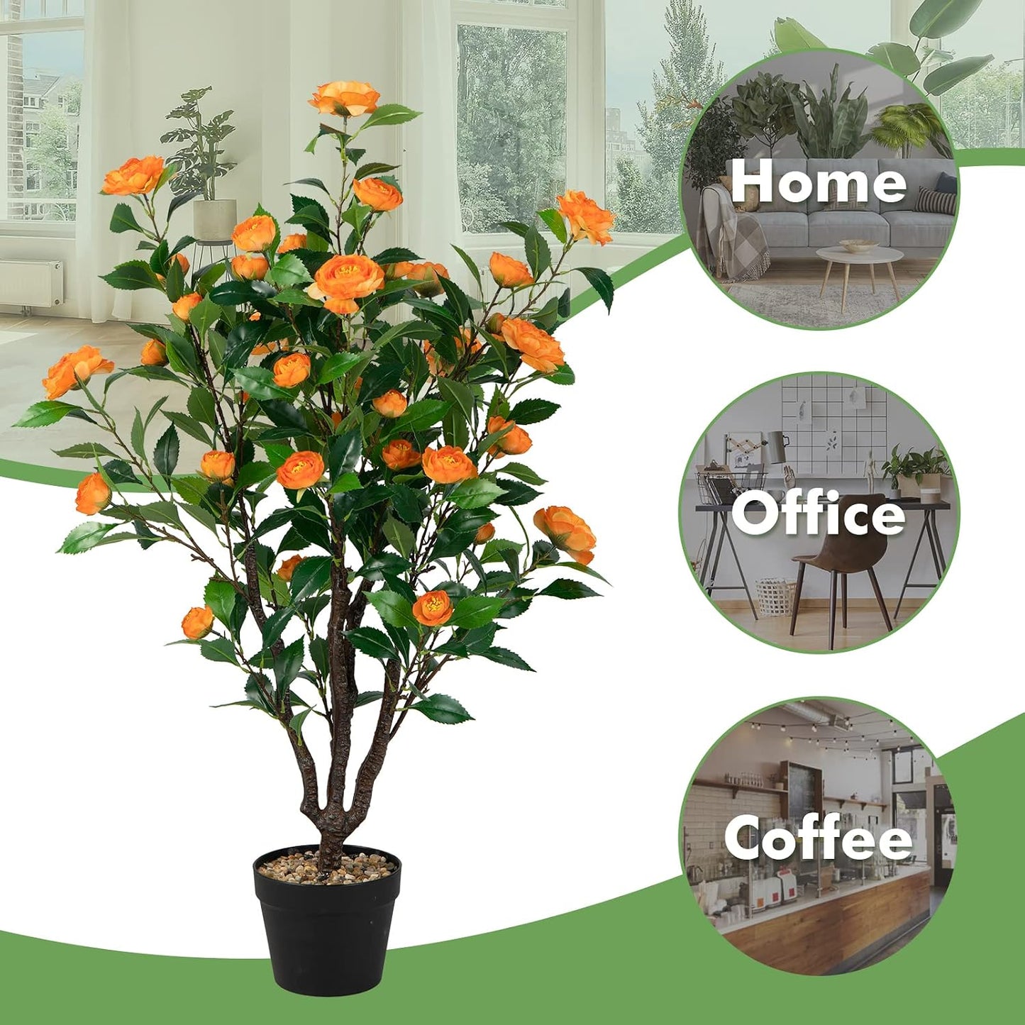 3.3 FT Artificial Camellia Tree, Faux Camellia Plant in Pot with 37 Flowers, Natural Trunk, Rain Flower Pebbles, Greenery Decorative Camellia Tree for Home, Shop & Office, Orange