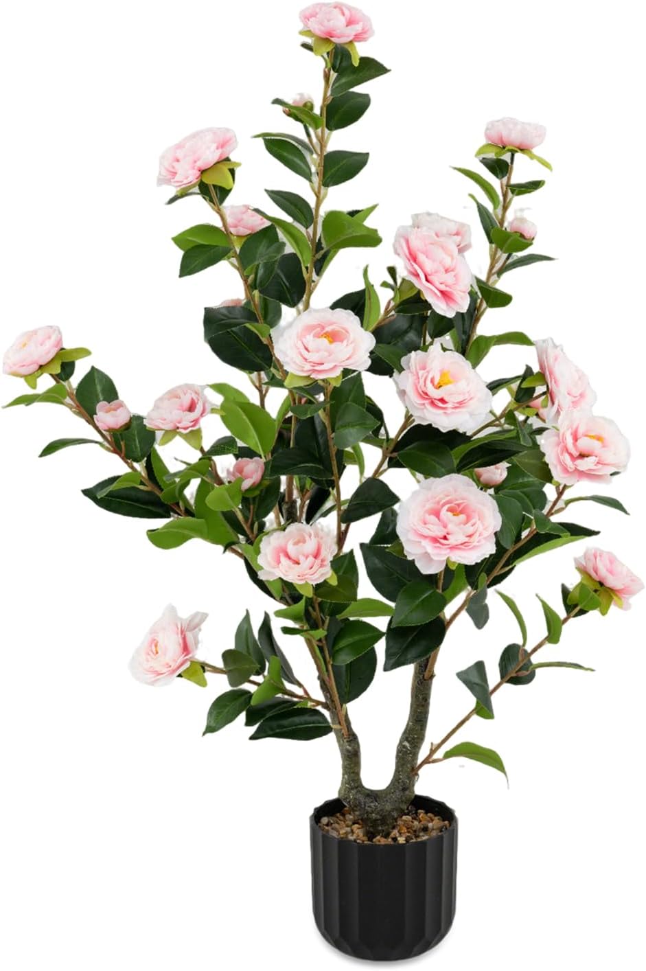 3.3 FT Artificial Camellia Tree, Faux Camellia Plant in Pot with 37 Flowers, Natural Trunk, Rain Flower Pebbles, Greenery Decorative Camellia Tree for Home, Shop & Office, Orange