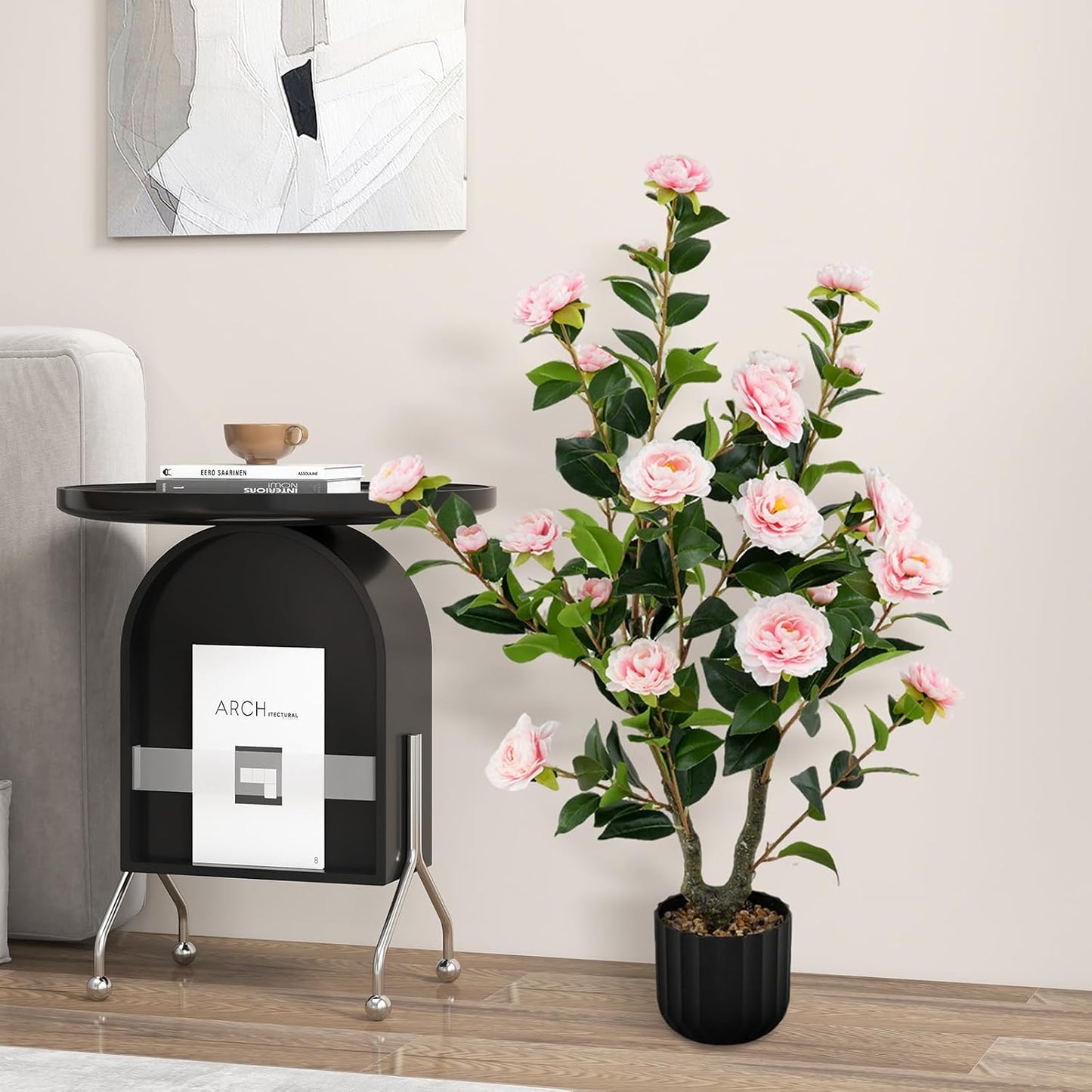 3.3 FT Artificial Camellia Tree, Faux Camellia Plant in Pot with 37 Flowers, Natural Trunk, Rain Flower Pebbles, Greenery Decorative Camellia Tree for Home, Shop & Office, Orange