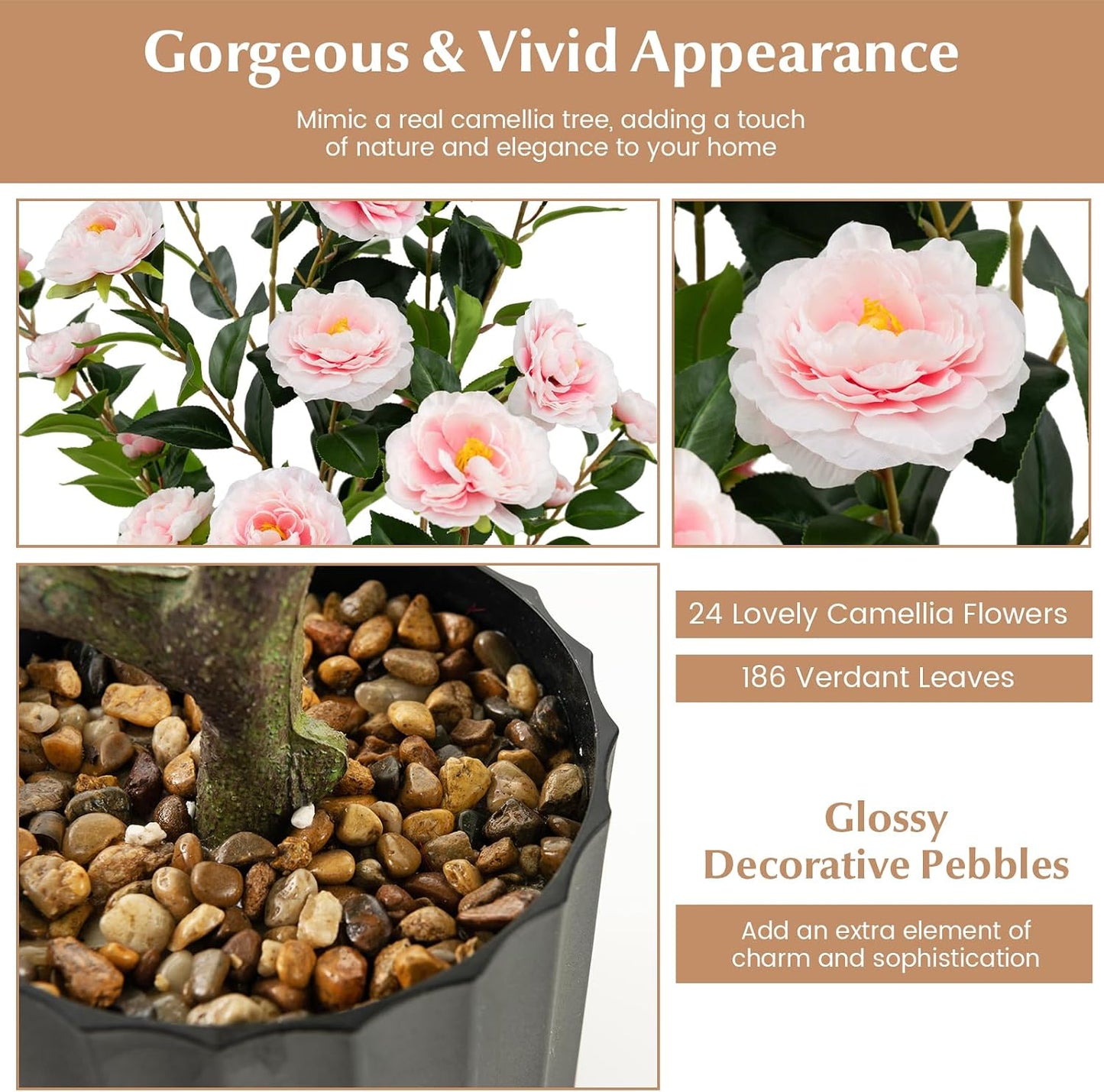 3.3 FT Artificial Camellia Tree, Faux Camellia Plant in Pot with 37 Flowers, Natural Trunk, Rain Flower Pebbles, Greenery Decorative Camellia Tree for Home, Shop & Office, Orange