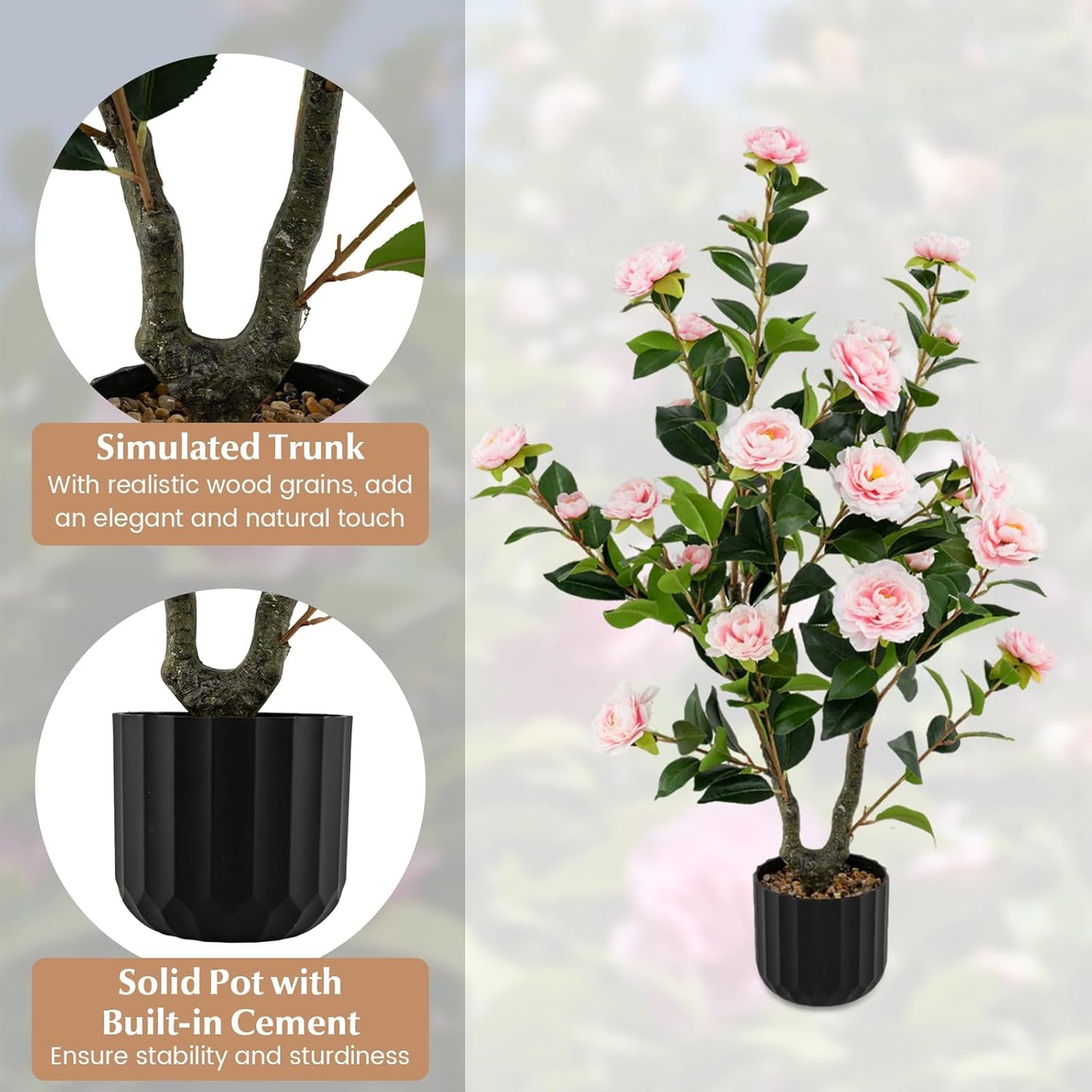 3.3 FT Artificial Camellia Tree, Faux Camellia Plant in Pot with 37 Flowers, Natural Trunk, Rain Flower Pebbles, Greenery Decorative Camellia Tree for Home, Shop & Office, Orange