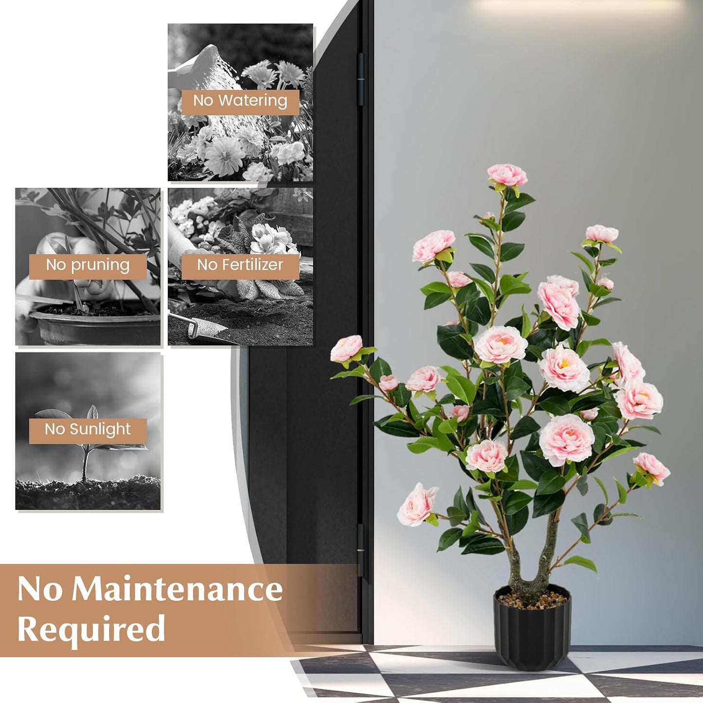 3.3 FT Artificial Camellia Tree, Faux Camellia Plant in Pot with 37 Flowers, Natural Trunk, Rain Flower Pebbles, Greenery Decorative Camellia Tree for Home, Shop & Office, Orange