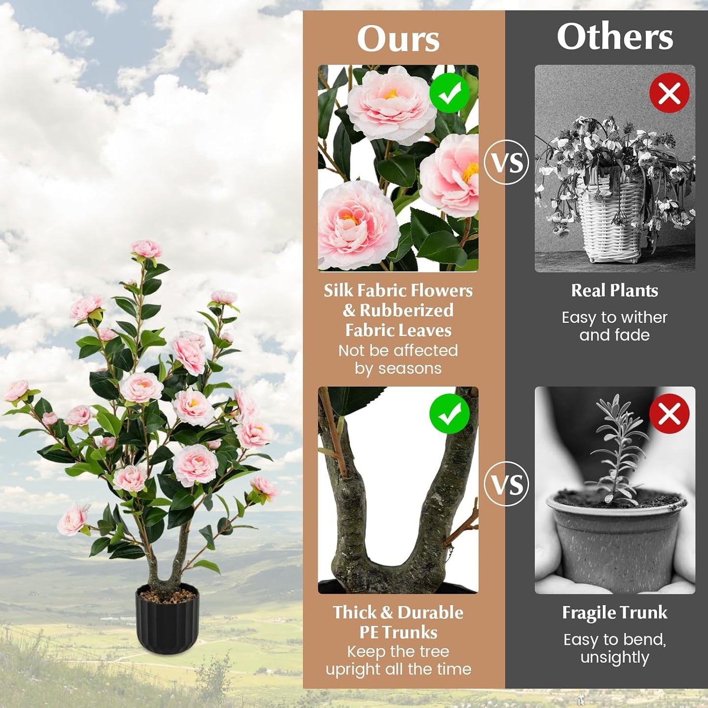 3.3 FT Artificial Camellia Tree, Faux Camellia Plant in Pot with 37 Flowers, Natural Trunk, Rain Flower Pebbles, Greenery Decorative Camellia Tree for Home, Shop & Office, Orange