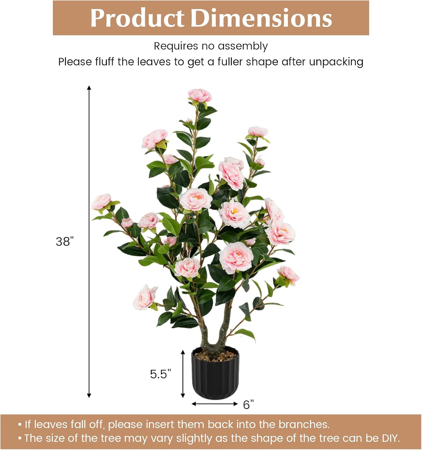 3.3 FT Artificial Camellia Tree, Faux Camellia Plant in Pot with 37 Flowers, Natural Trunk, Rain Flower Pebbles, Greenery Decorative Camellia Tree for Home, Shop & Office, Orange