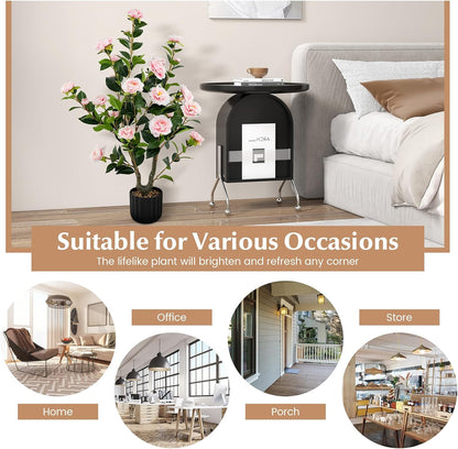 3.3 FT Artificial Camellia Tree, Faux Camellia Plant in Pot with 37 Flowers, Natural Trunk, Rain Flower Pebbles, Greenery Decorative Camellia Tree for Home, Shop & Office, Orange