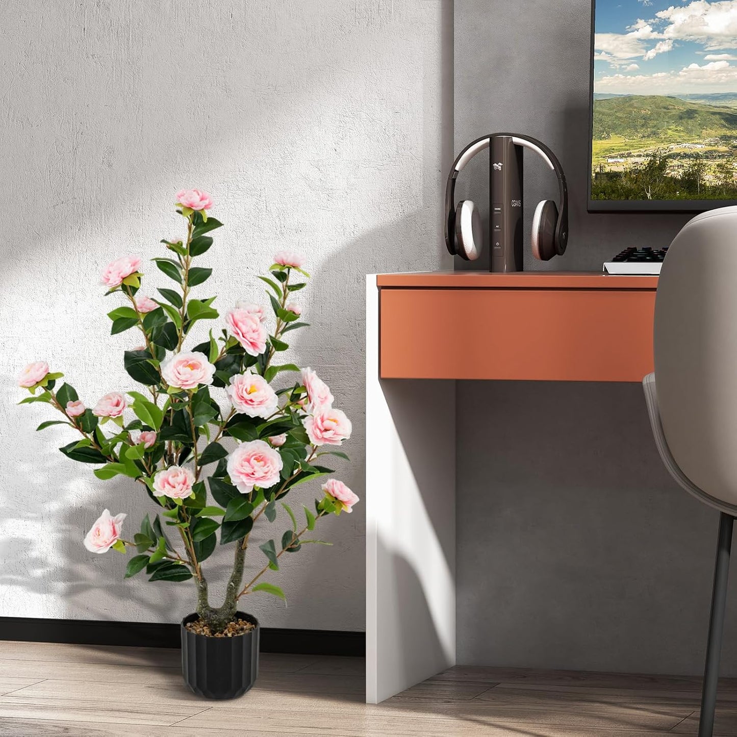 3.3 FT Artificial Camellia Tree, Faux Camellia Plant in Pot with 37 Flowers, Natural Trunk, Rain Flower Pebbles, Greenery Decorative Camellia Tree for Home, Shop & Office, Orange