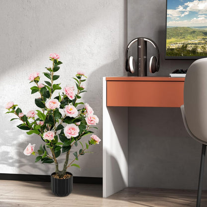3.3 FT Artificial Camellia Tree, Faux Camellia Plant in Pot with 37 Flowers, Natural Trunk, Rain Flower Pebbles, Greenery Decorative Camellia Tree for Home, Shop & Office, Orange
