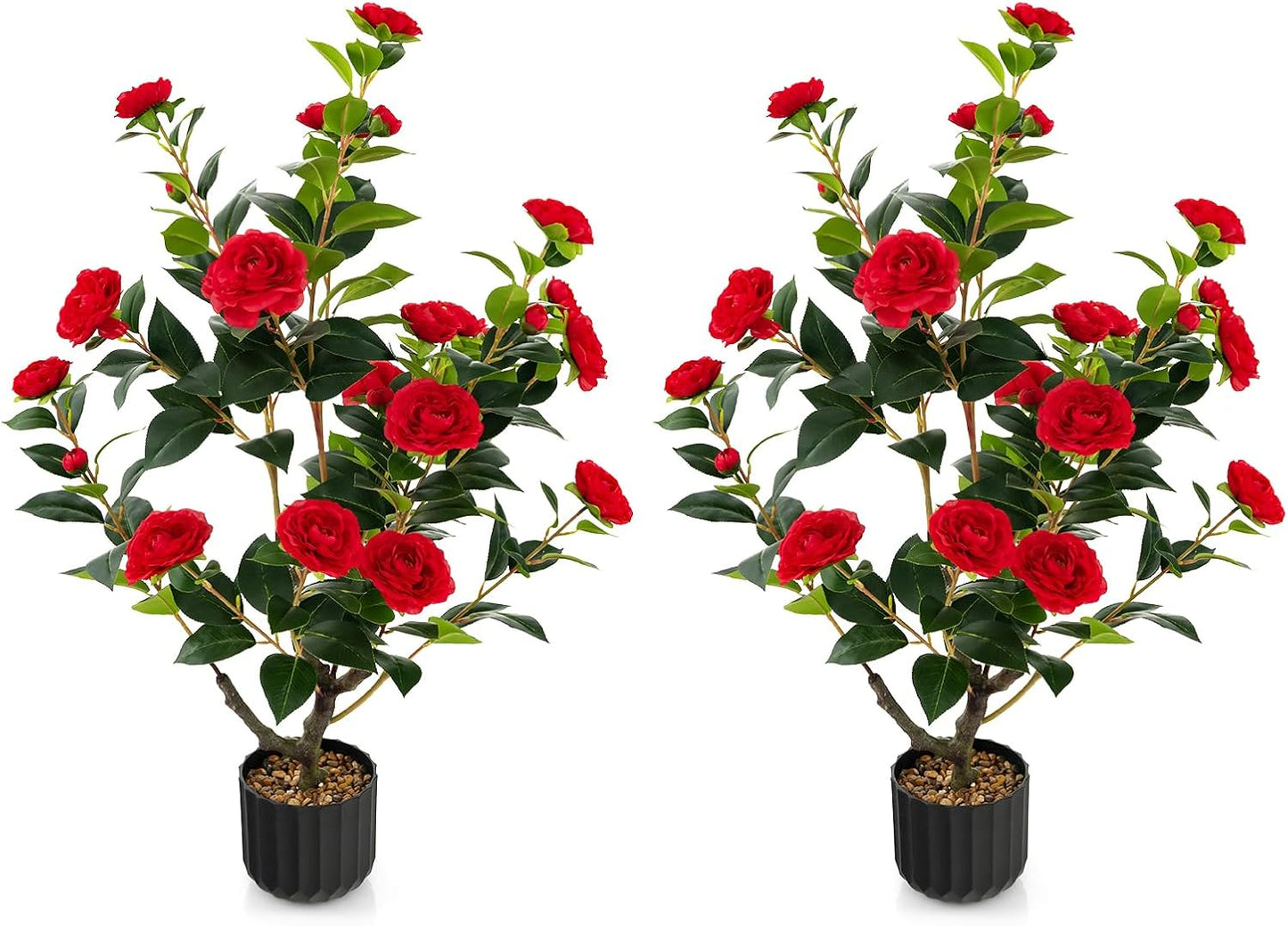 3.3 FT Artificial Camellia Tree, Faux Camellia Plant in Pot with 37 Flowers, Natural Trunk, Rain Flower Pebbles, Greenery Decorative Camellia Tree for Home, Shop & Office, Orange
