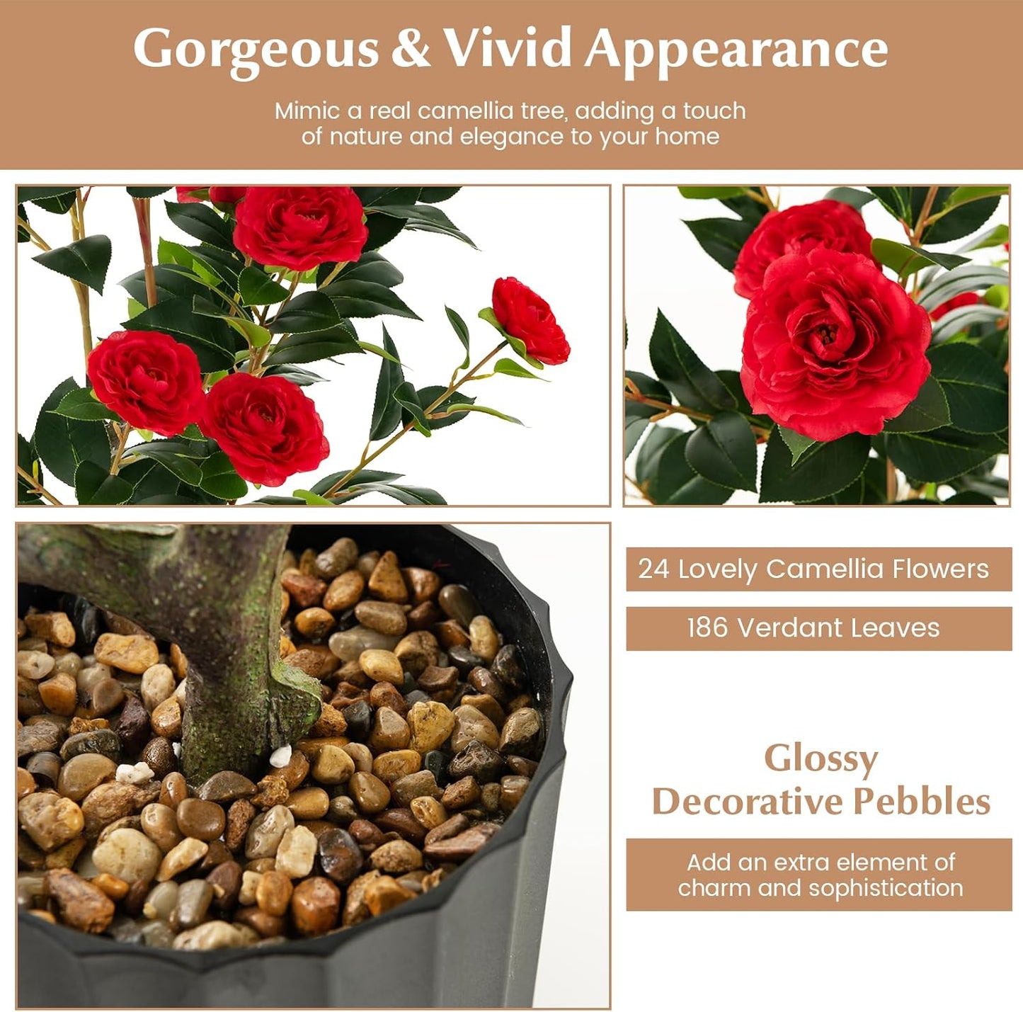 3.3 FT Artificial Camellia Tree, Faux Camellia Plant in Pot with 37 Flowers, Natural Trunk, Rain Flower Pebbles, Greenery Decorative Camellia Tree for Home, Shop & Office, Orange
