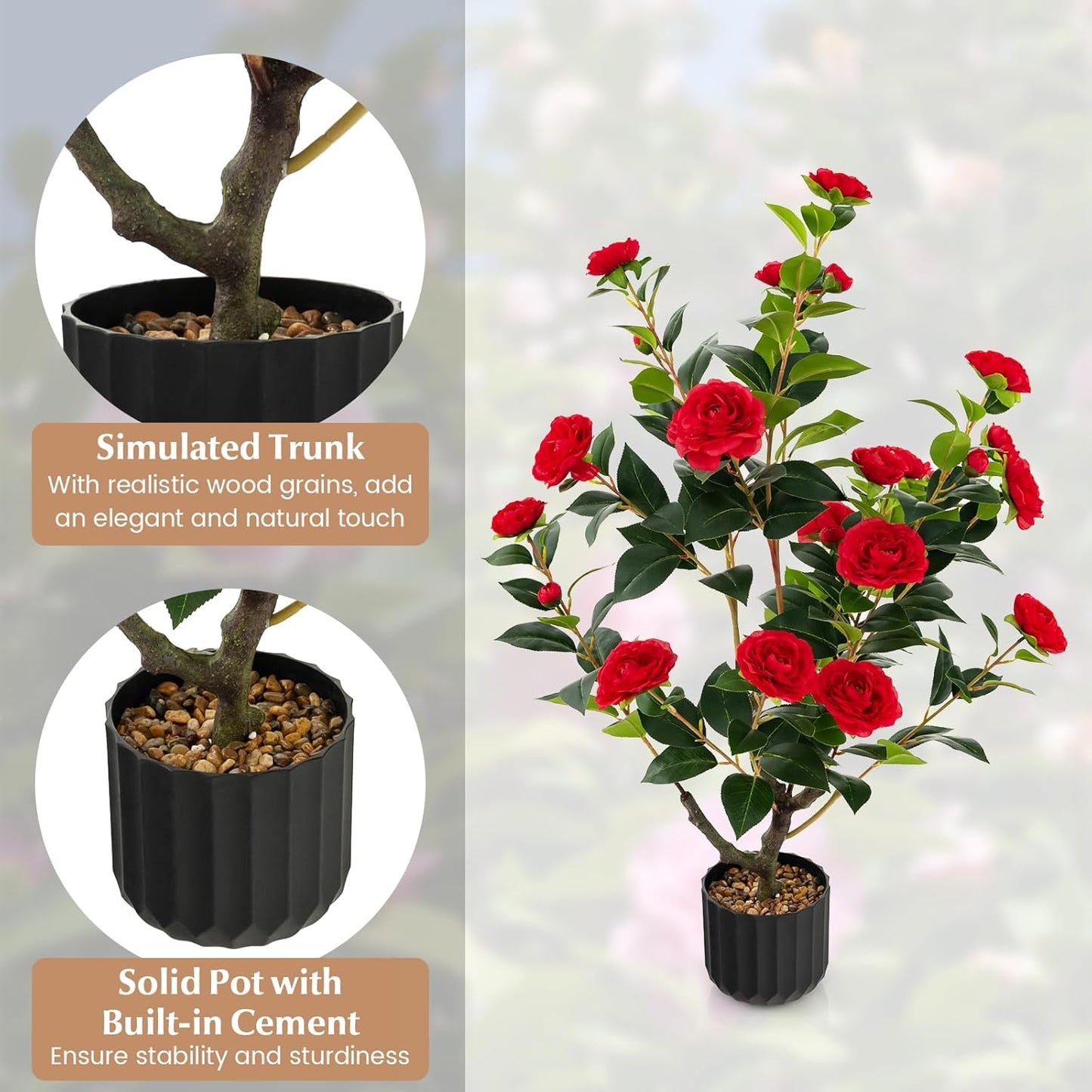 3.3 FT Artificial Camellia Tree, Faux Camellia Plant in Pot with 37 Flowers, Natural Trunk, Rain Flower Pebbles, Greenery Decorative Camellia Tree for Home, Shop & Office, Orange