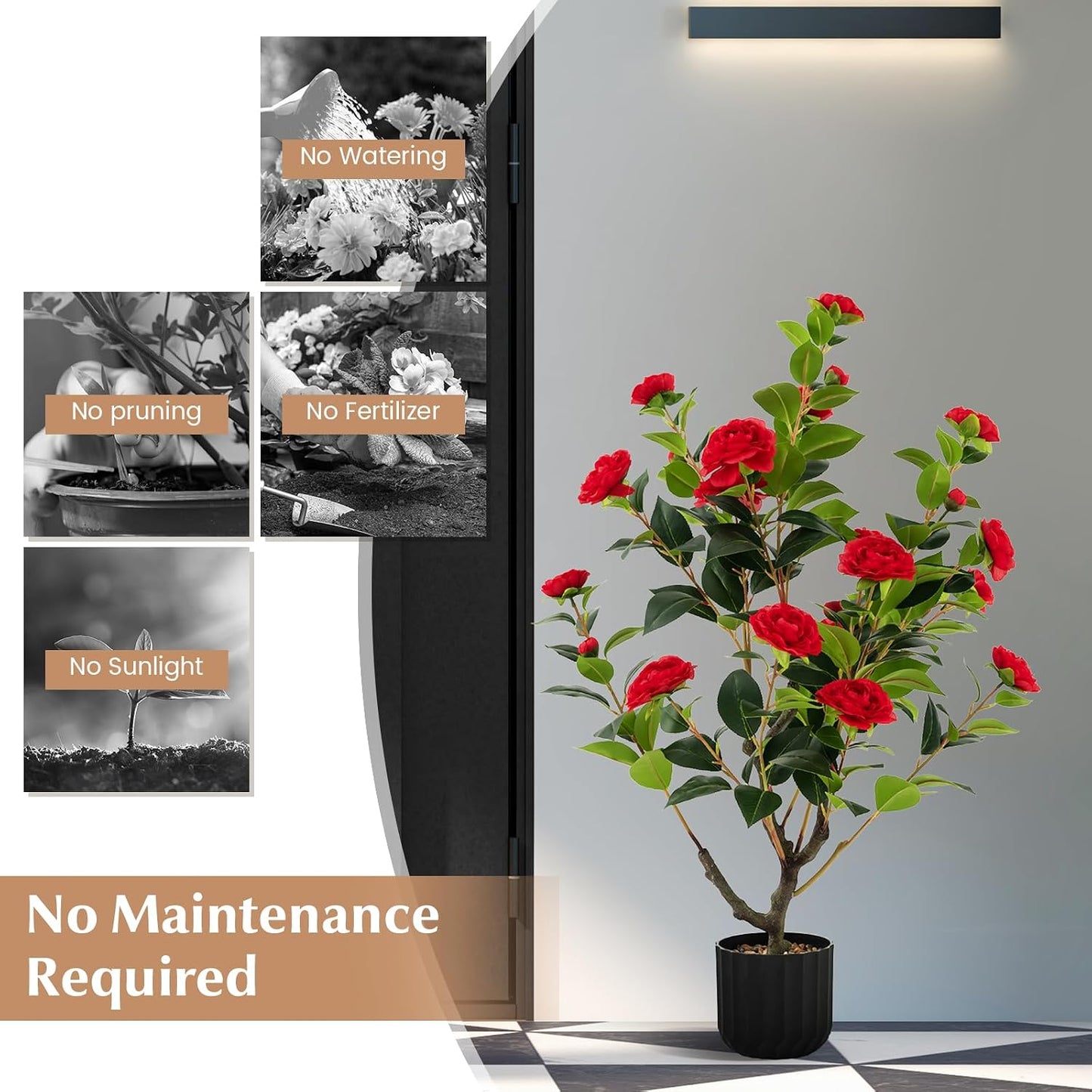 3.3 FT Artificial Camellia Tree, Faux Camellia Plant in Pot with 37 Flowers, Natural Trunk, Rain Flower Pebbles, Greenery Decorative Camellia Tree for Home, Shop & Office, Orange