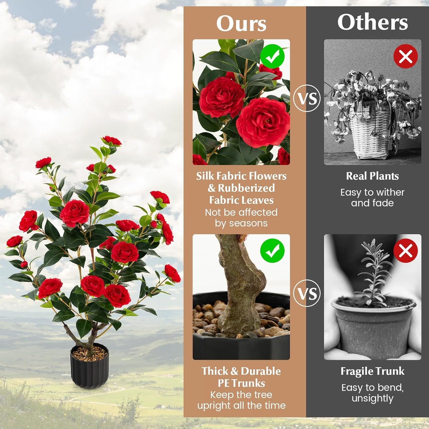 3.3 FT Artificial Camellia Tree, Faux Camellia Plant in Pot with 37 Flowers, Natural Trunk, Rain Flower Pebbles, Greenery Decorative Camellia Tree for Home, Shop & Office, Orange