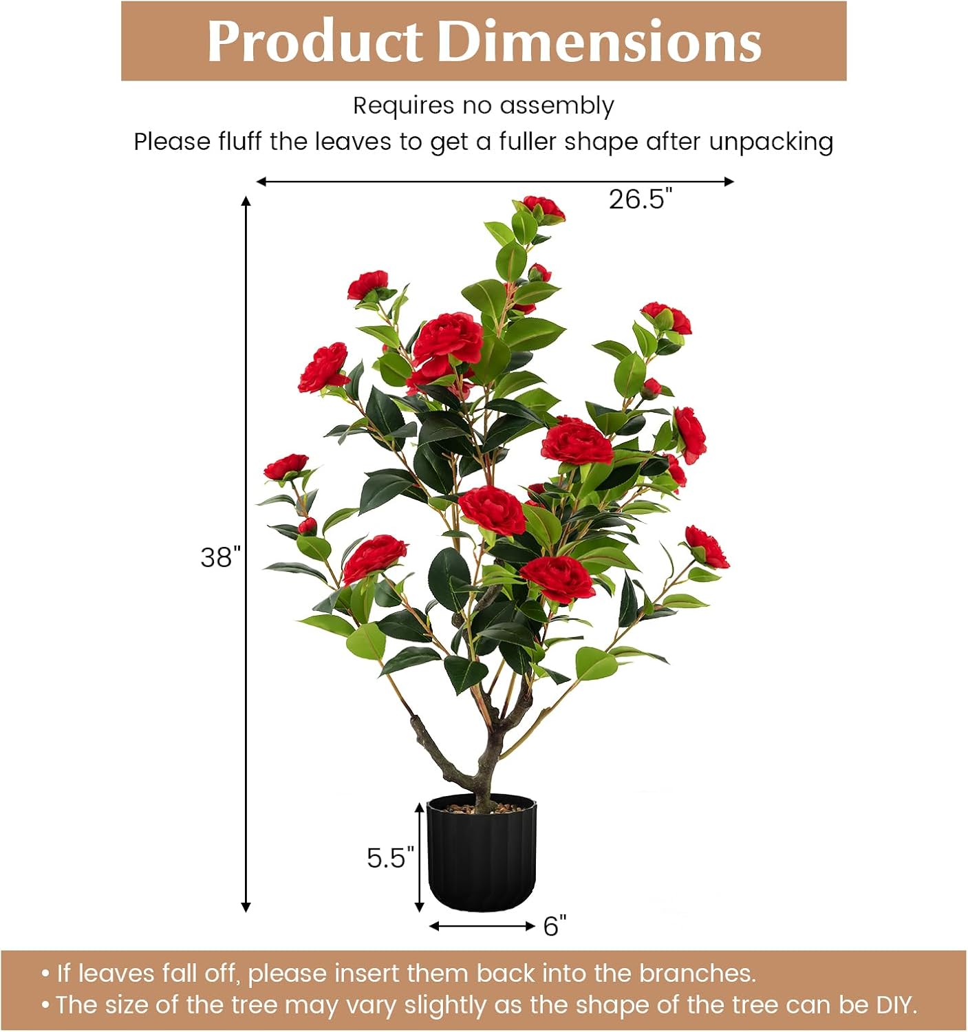 3.3 FT Artificial Camellia Tree, Faux Camellia Plant in Pot with 37 Flowers, Natural Trunk, Rain Flower Pebbles, Greenery Decorative Camellia Tree for Home, Shop & Office, Orange