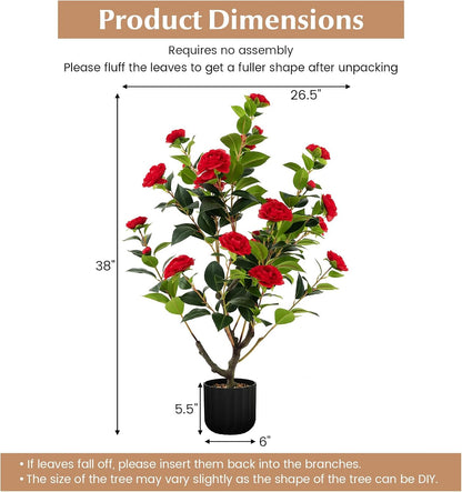 3.3 FT Artificial Camellia Tree, Faux Camellia Plant in Pot with 37 Flowers, Natural Trunk, Rain Flower Pebbles, Greenery Decorative Camellia Tree for Home, Shop & Office, Orange