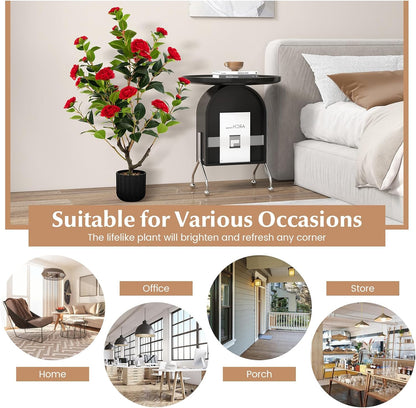 3.3 FT Artificial Camellia Tree, Faux Camellia Plant in Pot with 37 Flowers, Natural Trunk, Rain Flower Pebbles, Greenery Decorative Camellia Tree for Home, Shop & Office, Orange