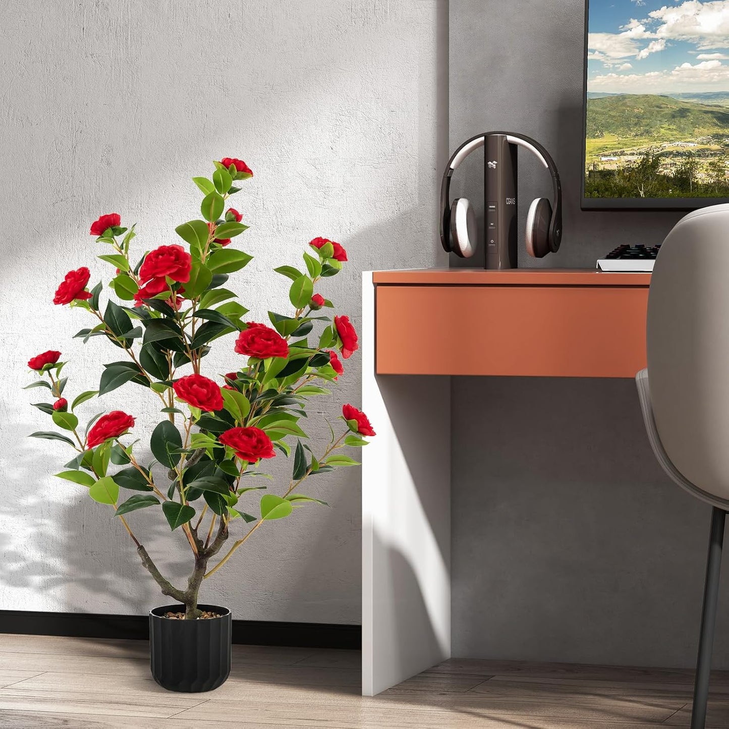 3.3 FT Artificial Camellia Tree, Faux Camellia Plant in Pot with 37 Flowers, Natural Trunk, Rain Flower Pebbles, Greenery Decorative Camellia Tree for Home, Shop & Office, Orange
