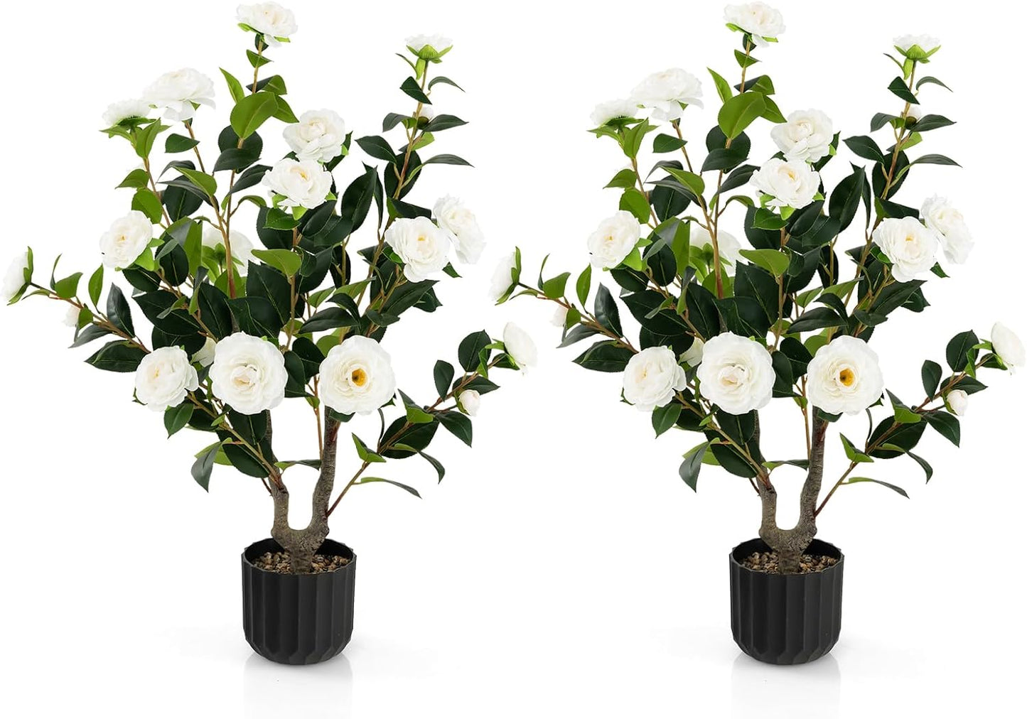 3.3 FT Artificial Camellia Tree, Faux Camellia Plant in Pot with 37 Flowers, Natural Trunk, Rain Flower Pebbles, Greenery Decorative Camellia Tree for Home, Shop & Office, Orange