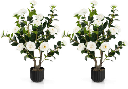 3.3 FT Artificial Camellia Tree, Faux Camellia Plant in Pot with 37 Flowers, Natural Trunk, Rain Flower Pebbles, Greenery Decorative Camellia Tree for Home, Shop & Office, Orange