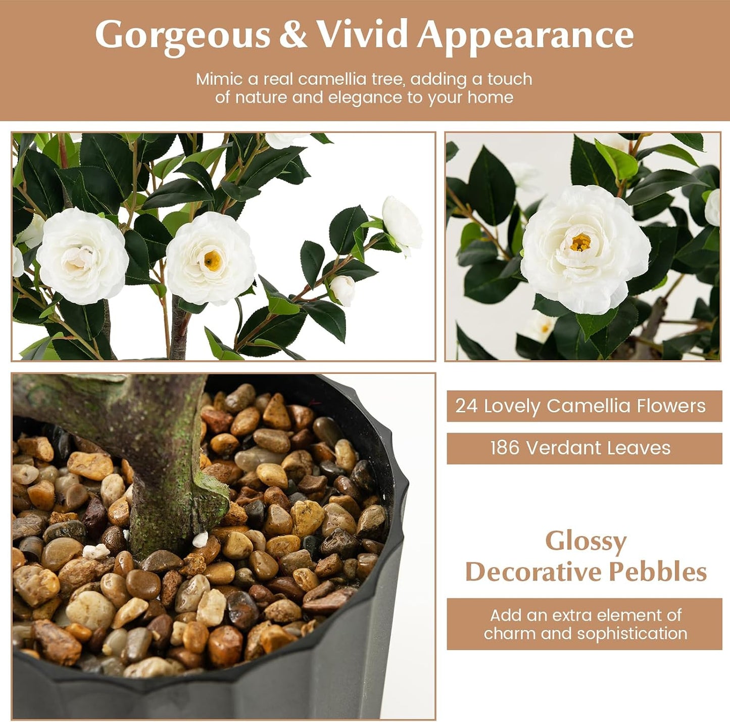 3.3 FT Artificial Camellia Tree, Faux Camellia Plant in Pot with 37 Flowers, Natural Trunk, Rain Flower Pebbles, Greenery Decorative Camellia Tree for Home, Shop & Office, Orange