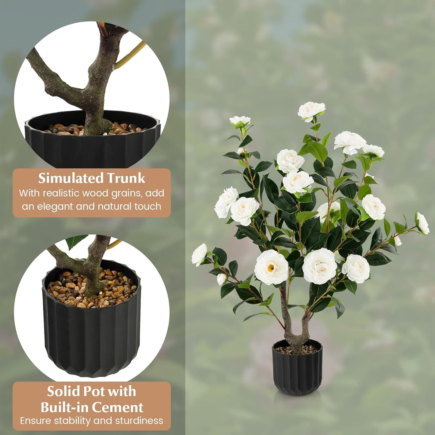 3.3 FT Artificial Camellia Tree, Faux Camellia Plant in Pot with 37 Flowers, Natural Trunk, Rain Flower Pebbles, Greenery Decorative Camellia Tree for Home, Shop & Office, Orange