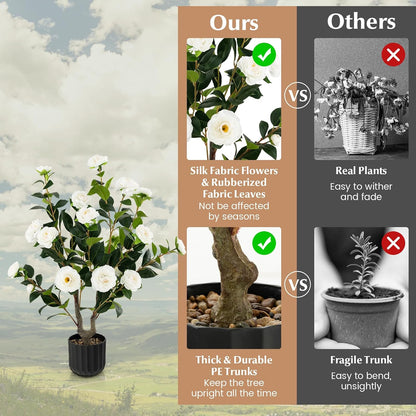 3.3 FT Artificial Camellia Tree, Faux Camellia Plant in Pot with 37 Flowers, Natural Trunk, Rain Flower Pebbles, Greenery Decorative Camellia Tree for Home, Shop & Office, Orange
