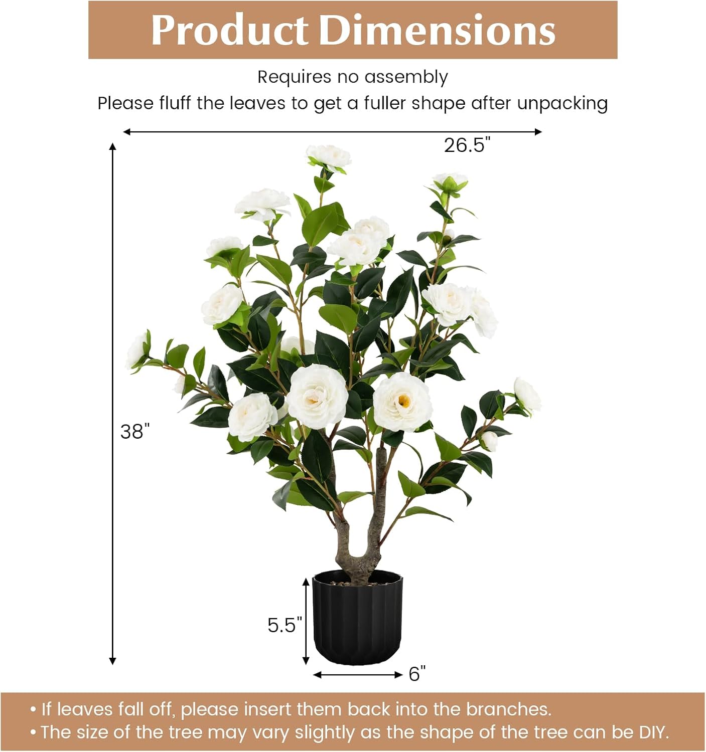 3.3 FT Artificial Camellia Tree, Faux Camellia Plant in Pot with 37 Flowers, Natural Trunk, Rain Flower Pebbles, Greenery Decorative Camellia Tree for Home, Shop & Office, Orange