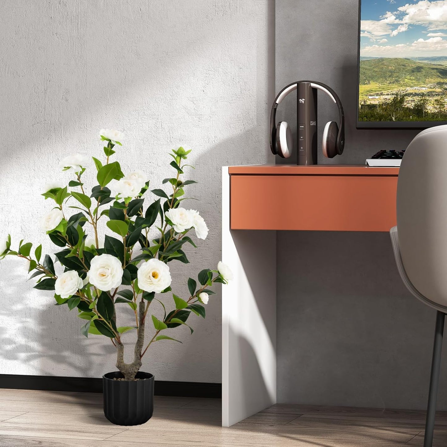 3.3 FT Artificial Camellia Tree, Faux Camellia Plant in Pot with 37 Flowers, Natural Trunk, Rain Flower Pebbles, Greenery Decorative Camellia Tree for Home, Shop & Office, Orange