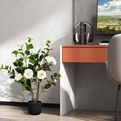 3.3 FT Artificial Camellia Tree, Faux Camellia Plant in Pot with 37 Flowers, Natural Trunk, Rain Flower Pebbles, Greenery Decorative Camellia Tree for Home, Shop & Office, Orange