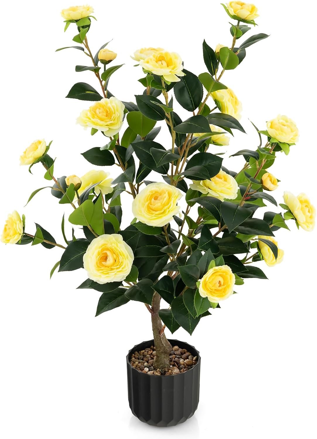 3.3 FT Artificial Camellia Tree, Faux Camellia Plant in Pot with 37 Flowers, Natural Trunk, Rain Flower Pebbles, Greenery Decorative Camellia Tree for Home, Shop & Office, Orange