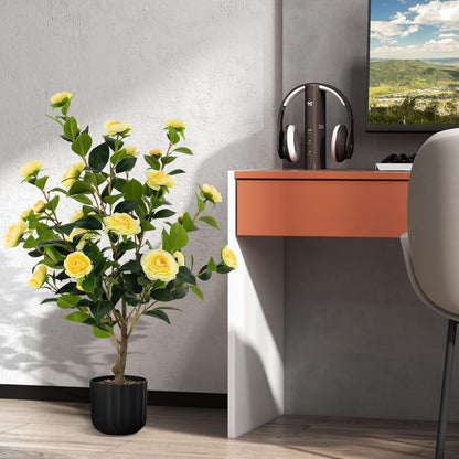 3.3 FT Artificial Camellia Tree, Faux Camellia Plant in Pot with 37 Flowers, Natural Trunk, Rain Flower Pebbles, Greenery Decorative Camellia Tree for Home, Shop & Office, Orange