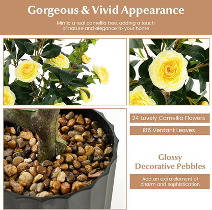 3.3 FT Artificial Camellia Tree, Faux Camellia Plant in Pot with 37 Flowers, Natural Trunk, Rain Flower Pebbles, Greenery Decorative Camellia Tree for Home, Shop & Office, Orange