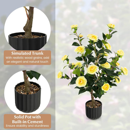 3.3 FT Artificial Camellia Tree, Faux Camellia Plant in Pot with 37 Flowers, Natural Trunk, Rain Flower Pebbles, Greenery Decorative Camellia Tree for Home, Shop & Office, Orange