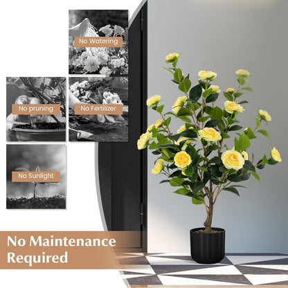 3.3 FT Artificial Camellia Tree, Faux Camellia Plant in Pot with 37 Flowers, Natural Trunk, Rain Flower Pebbles, Greenery Decorative Camellia Tree for Home, Shop & Office, Orange