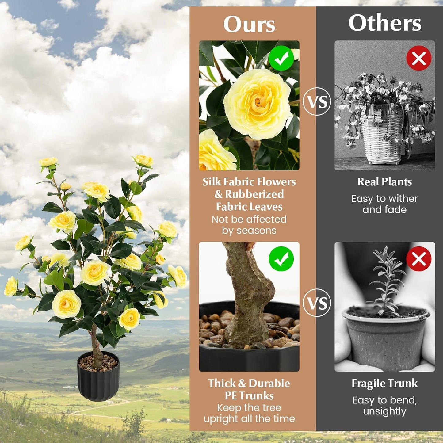 3.3 FT Artificial Camellia Tree, Faux Camellia Plant in Pot with 37 Flowers, Natural Trunk, Rain Flower Pebbles, Greenery Decorative Camellia Tree for Home, Shop & Office, Orange