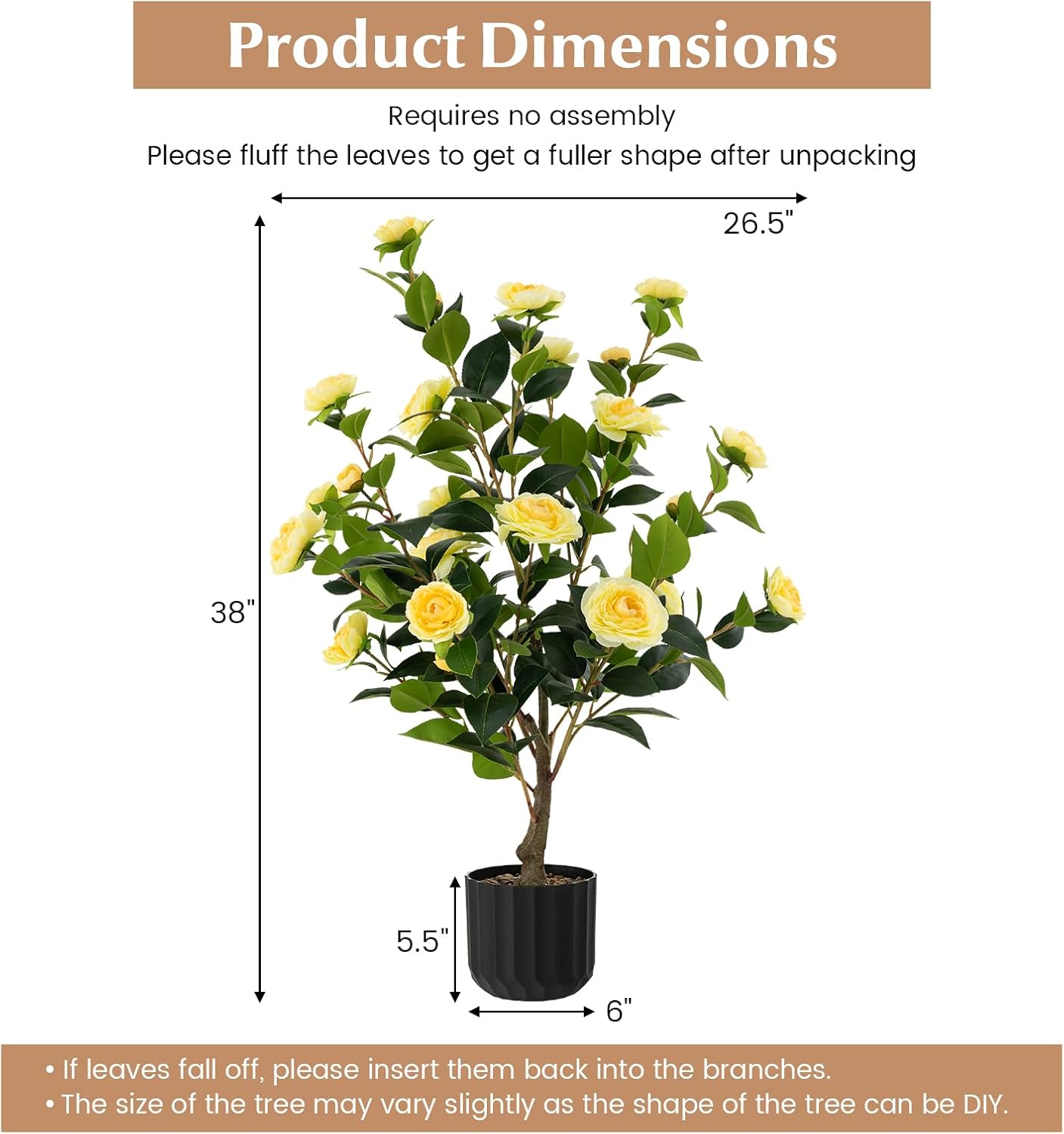 3.3 FT Artificial Camellia Tree, Faux Camellia Plant in Pot with 37 Flowers, Natural Trunk, Rain Flower Pebbles, Greenery Decorative Camellia Tree for Home, Shop & Office, Orange