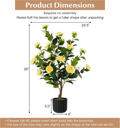 3.3 FT Artificial Camellia Tree, Faux Camellia Plant in Pot with 37 Flowers, Natural Trunk, Rain Flower Pebbles, Greenery Decorative Camellia Tree for Home, Shop & Office, Orange