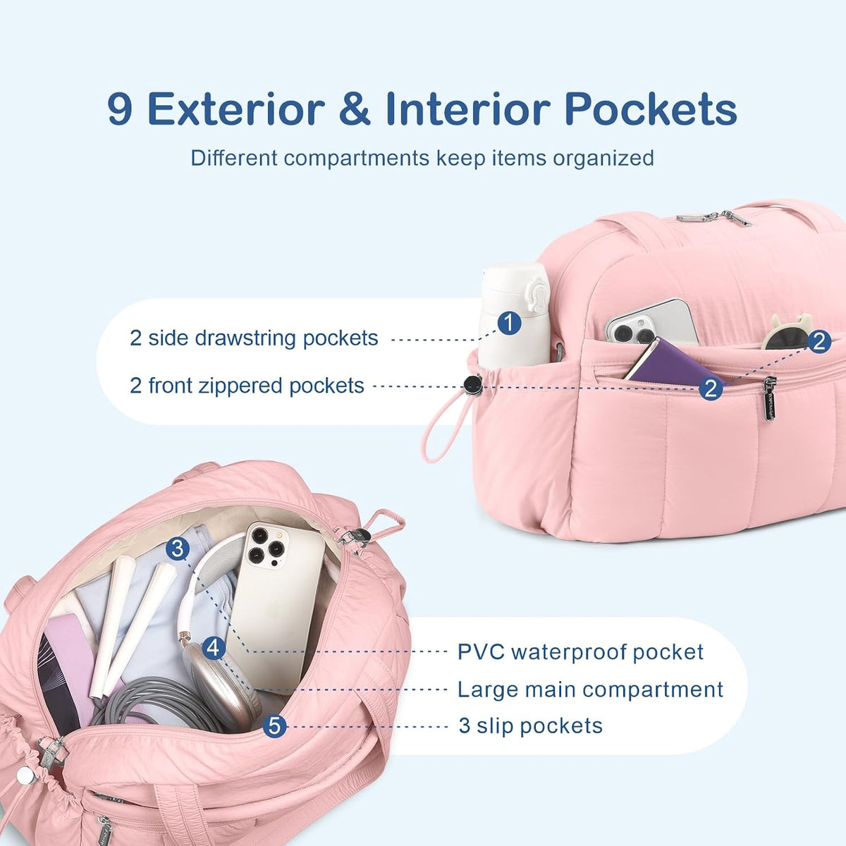Travel Duffel Bag, Puffy Carry On Overnight, Gym Bag w/Wet Pocket
