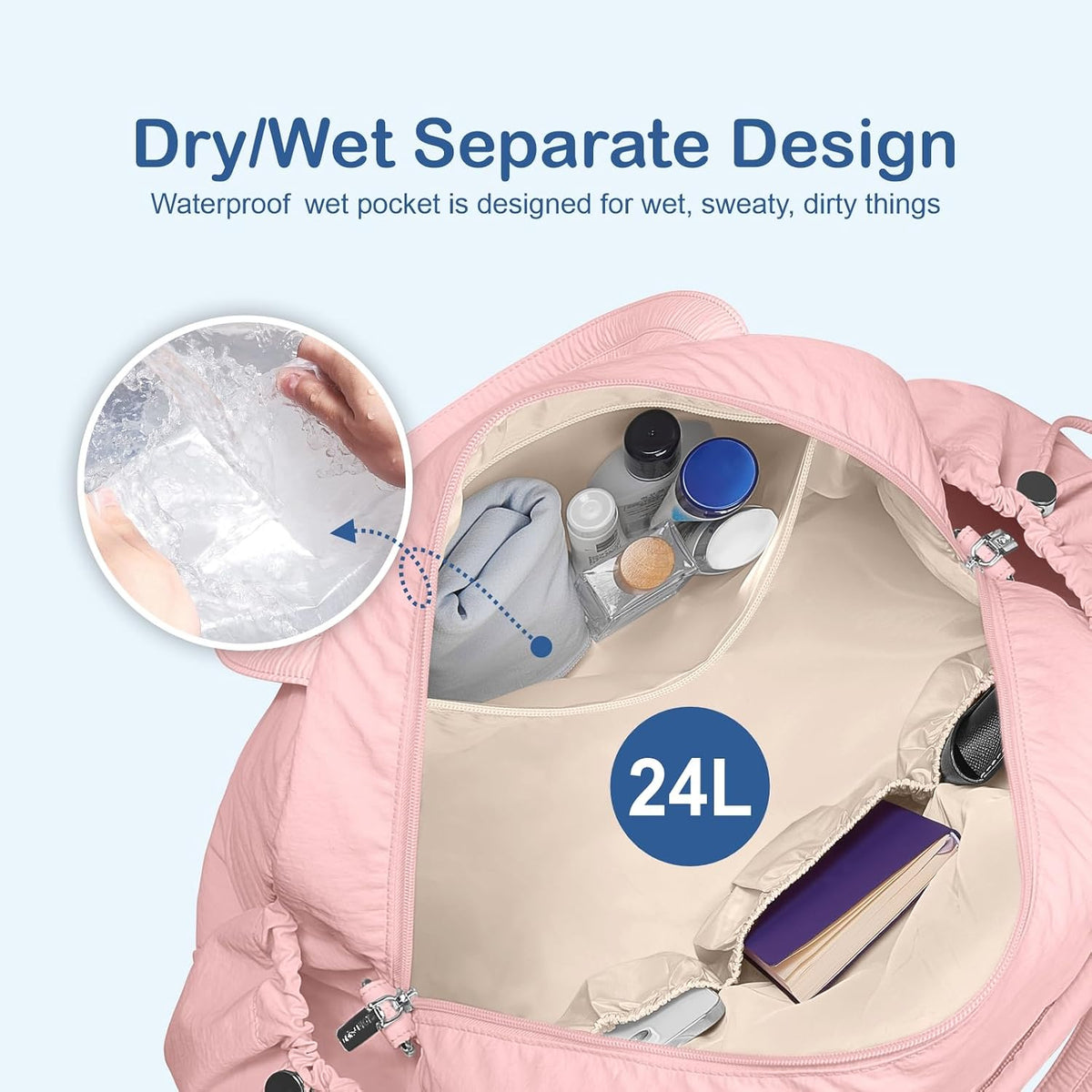 Travel Duffel Bag, Puffy Carry On Overnight, Gym Bag w/Wet Pocket
