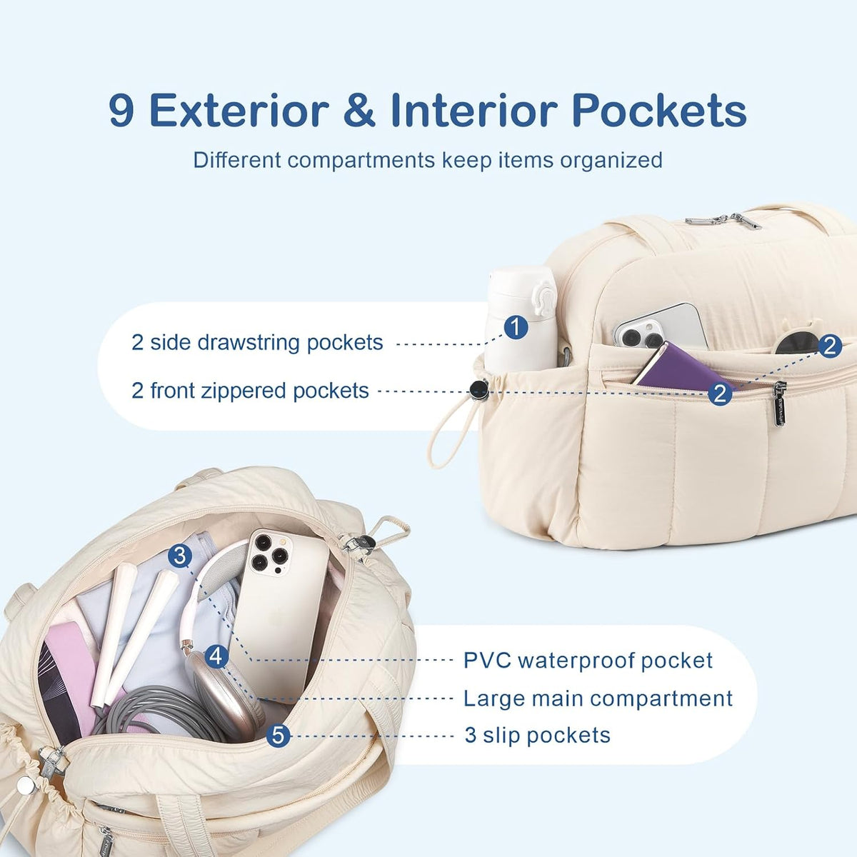 Travel Duffel Bag, Puffy Carry On Overnight, Gym Bag w/Wet Pocket