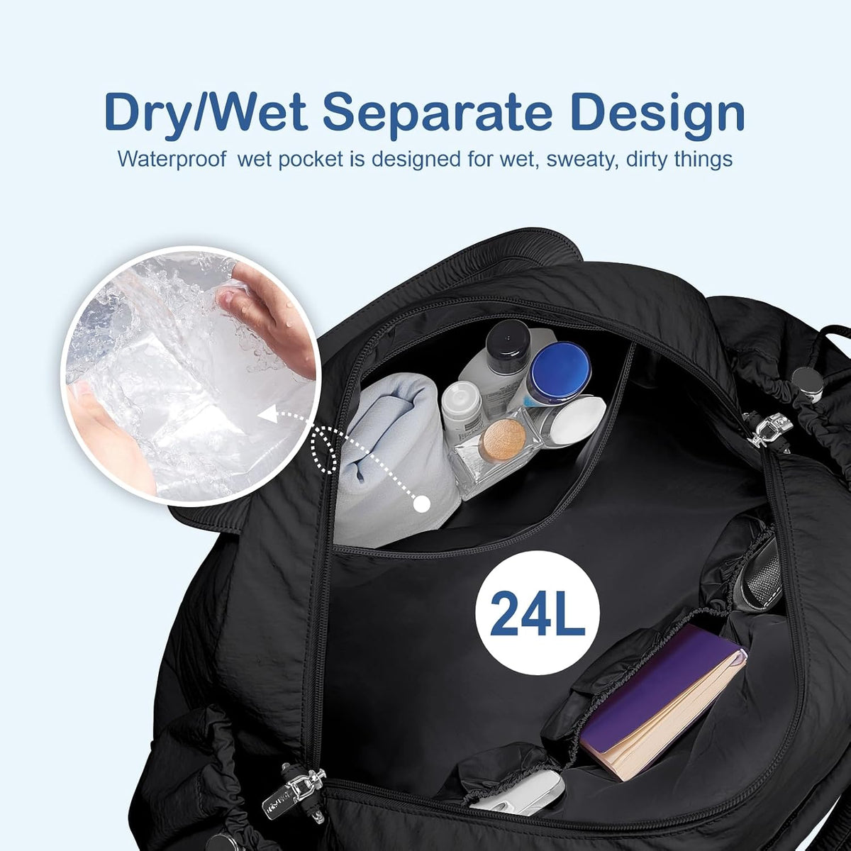 Travel Duffel Bag, Puffy Carry On Overnight, Gym Bag w/Wet Pocket