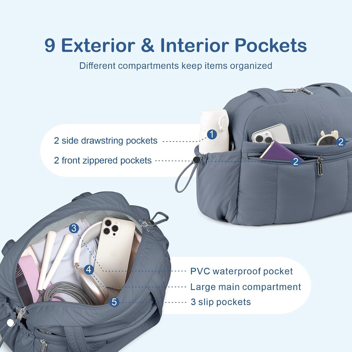Travel Duffel Bag, Puffy Carry On Overnight, Gym Bag w/Wet Pocket