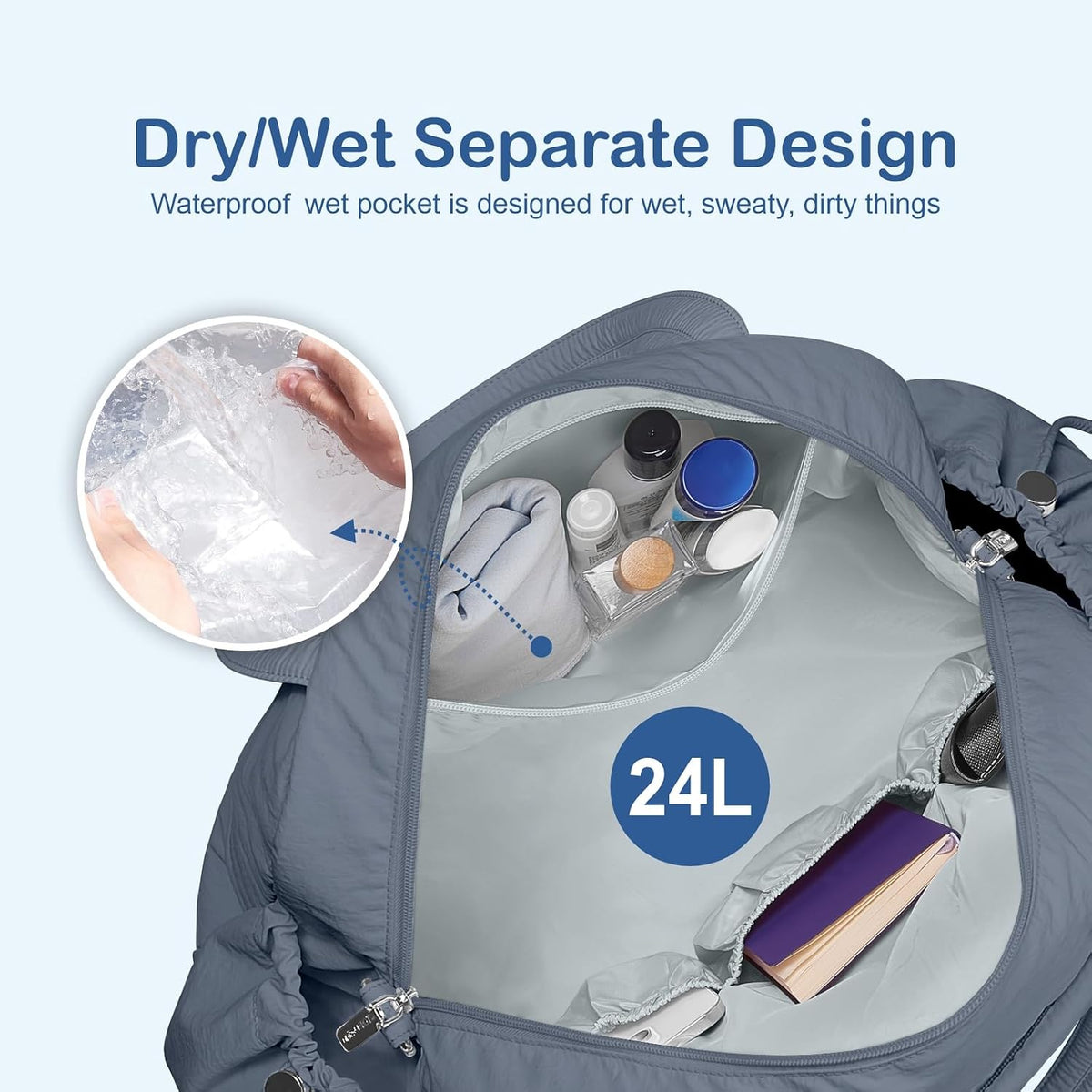 Travel Duffel Bag, Puffy Carry On Overnight, Gym Bag w/Wet Pocket
