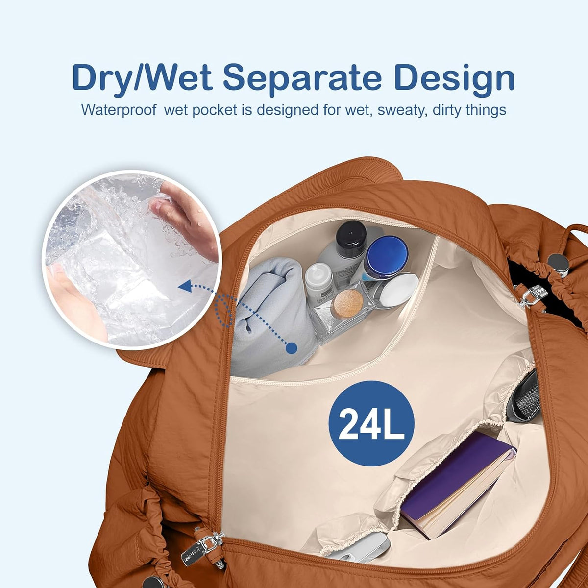 Travel Duffel Bag, Puffy Carry On Overnight, Gym Bag w/Wet Pocket