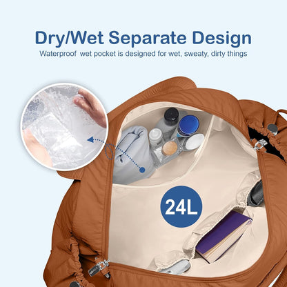 Travel Duffel Bag, Puffy Carry On Overnight, Gym Bag w/Wet Pocket