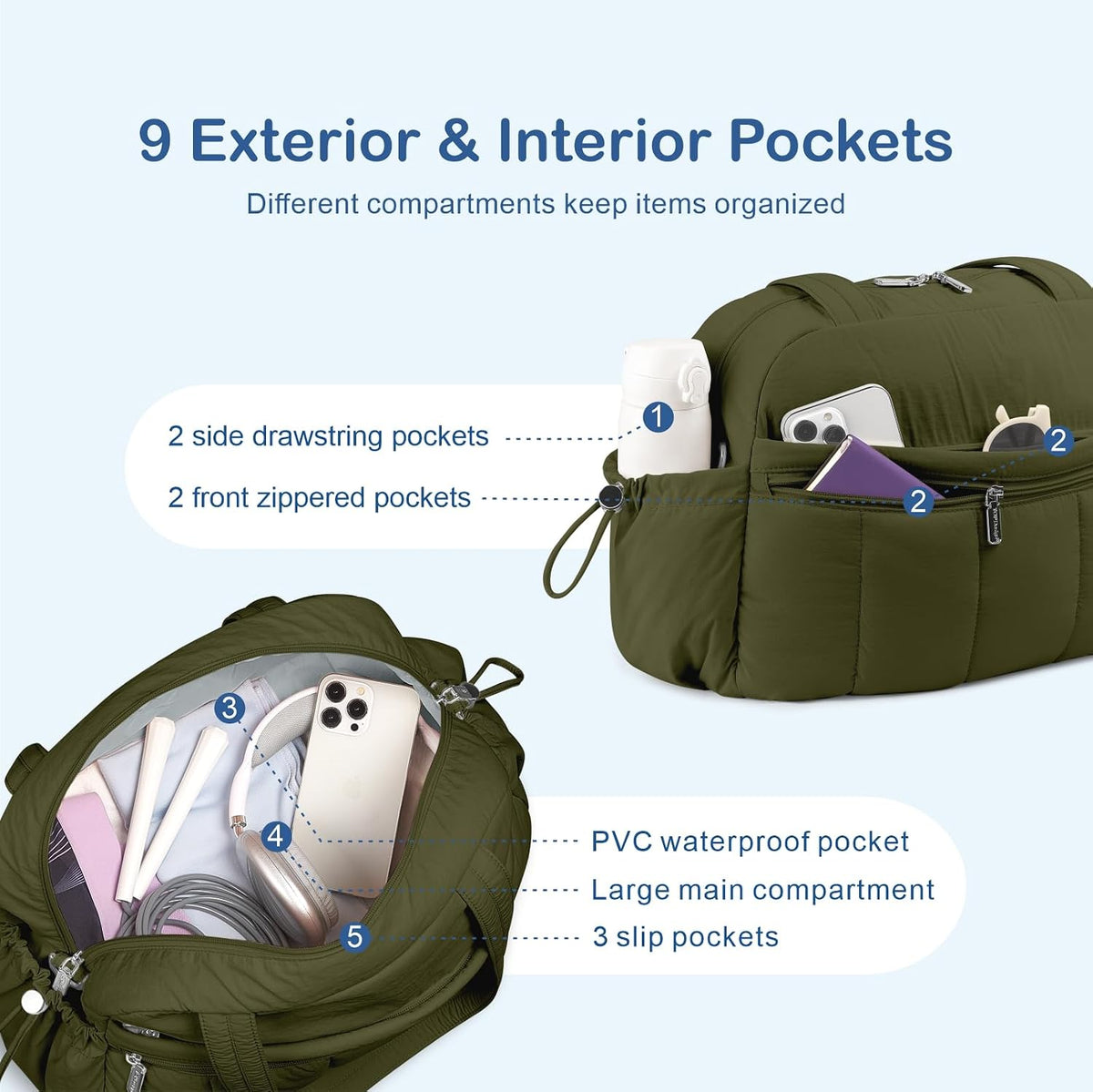 Travel Duffel Bag, Puffy Carry On Overnight, Gym Bag w/Wet Pocket