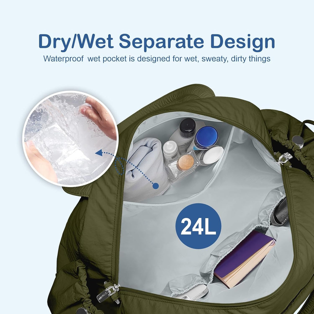 Travel Duffel Bag, Puffy Carry On Overnight, Gym Bag w/Wet Pocket