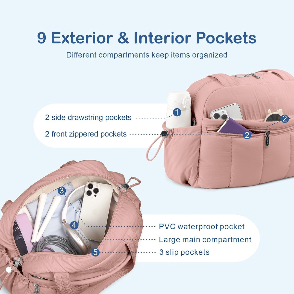 Travel Duffel Bag, Puffy Carry On Overnight, Gym Bag w/Wet Pocket