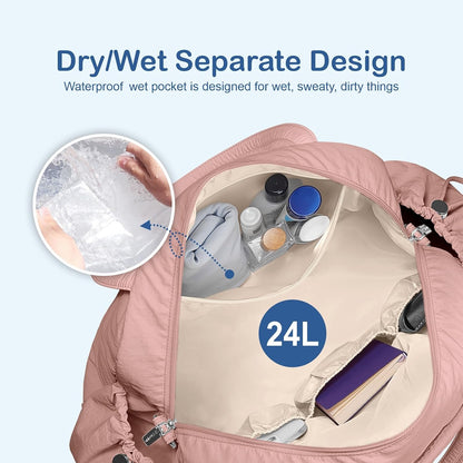 Travel Duffel Bag, Puffy Carry On Overnight, Gym Bag w/Wet Pocket